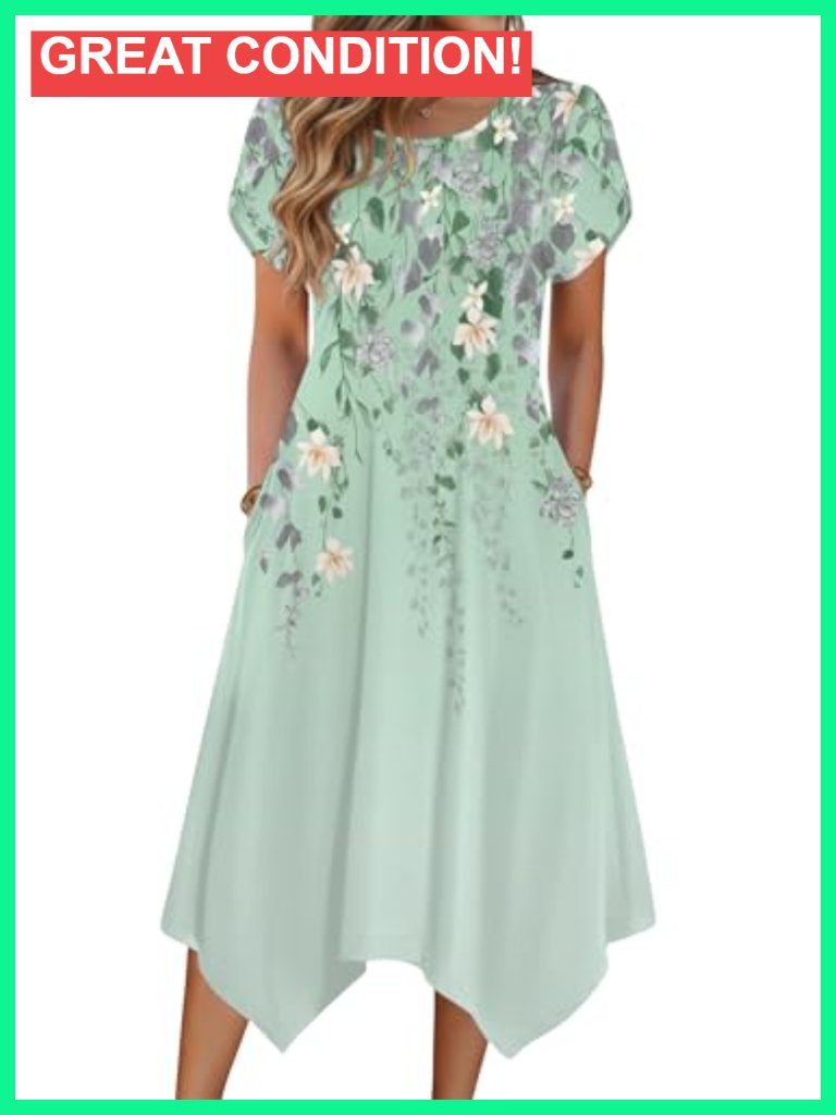 Casual Dress With Pockets Summer Midi Sundress Short Sleeve Flowy A-Line